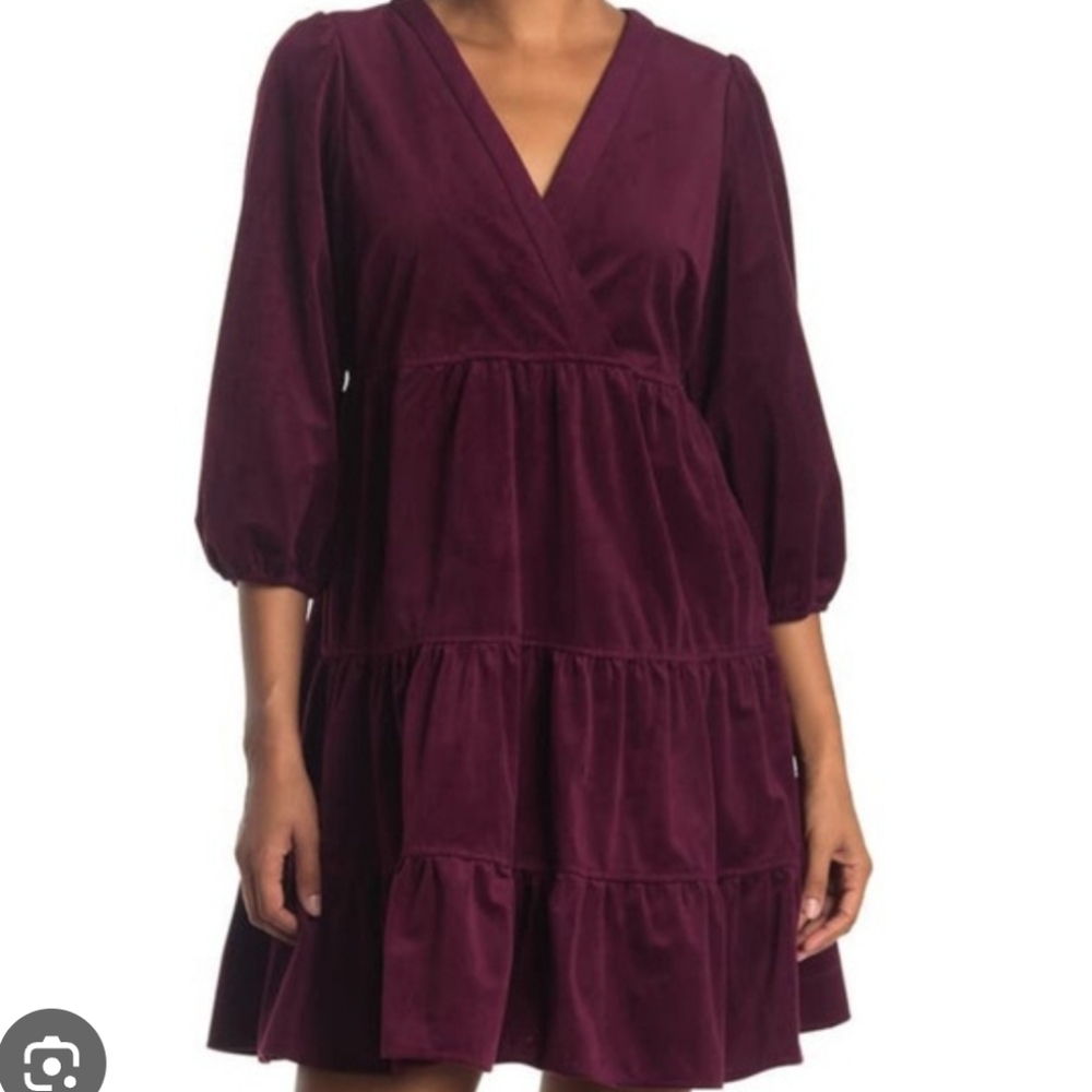Melonie T Burgundy V-Neck Tiered Corduroy Dress Size 14